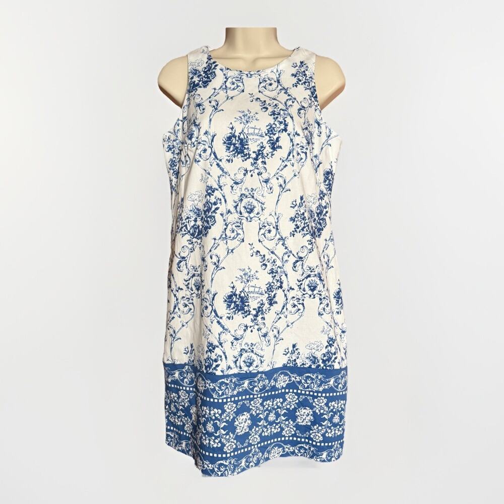 London Times Women's Sleeveless Dress Size 8 Petite White/Blue Floral -Zip-EUC